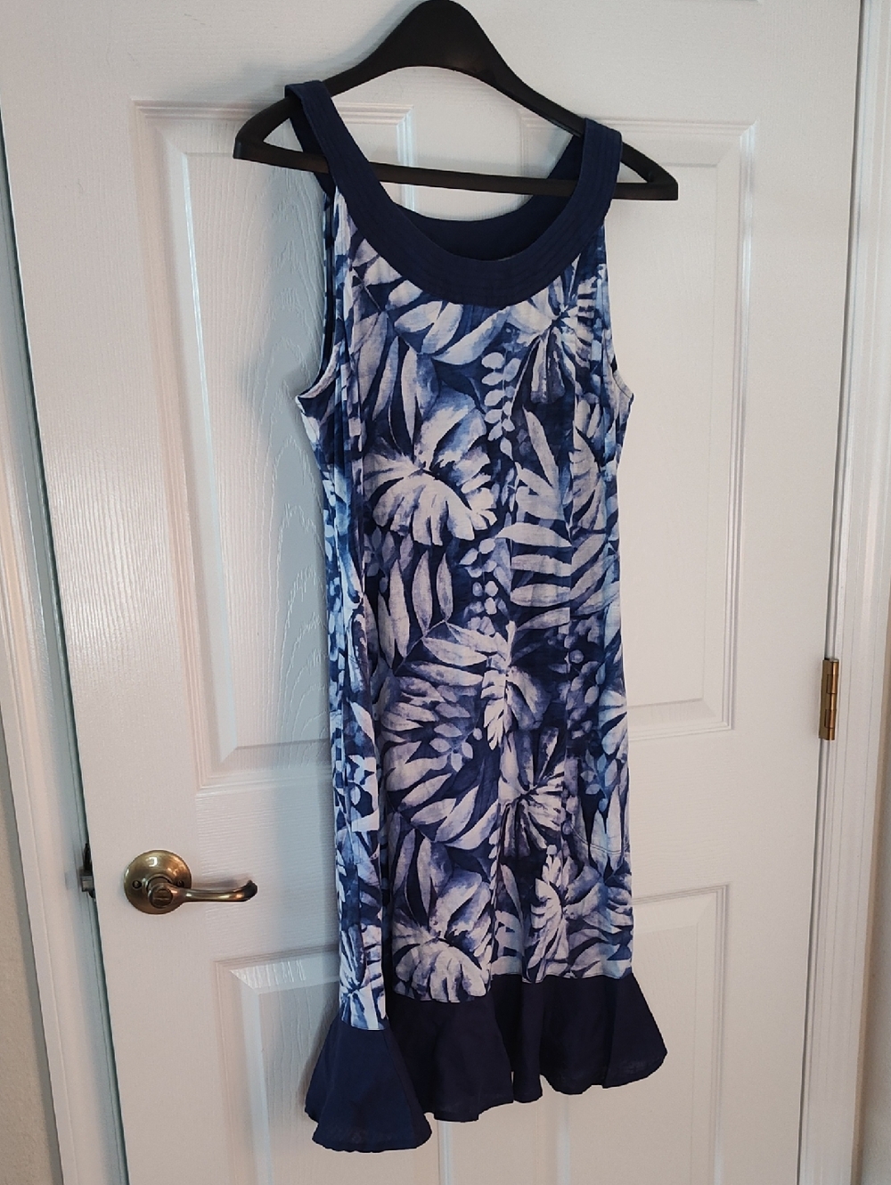 Tommy Bahama Navy and White Tropical Leaf Midi Dress with Ruffle Hem